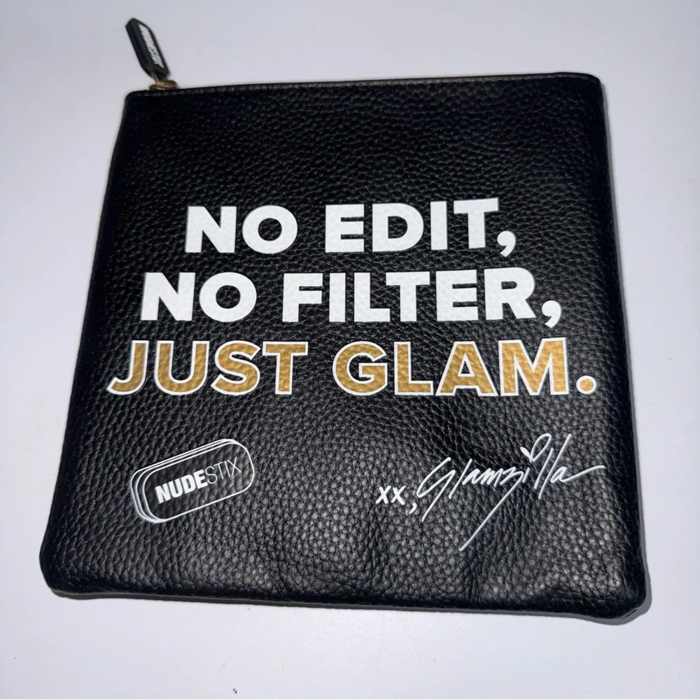 Nudestix Cosmetic Bag Black Pebbled Faux Leather Embroidery and lanyard